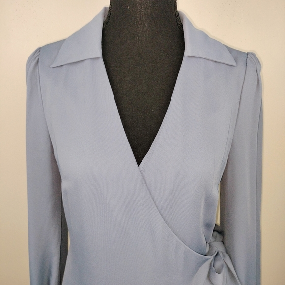 NWT My-Kim Collection The Blake Longsleeve Wrap Dress in Dusty Blue Sz. S - Picture 3 of 13